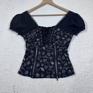 Hot Topic Womens Magic Symbols Witchy Zipper Lace Up Corset Top size Small Goth